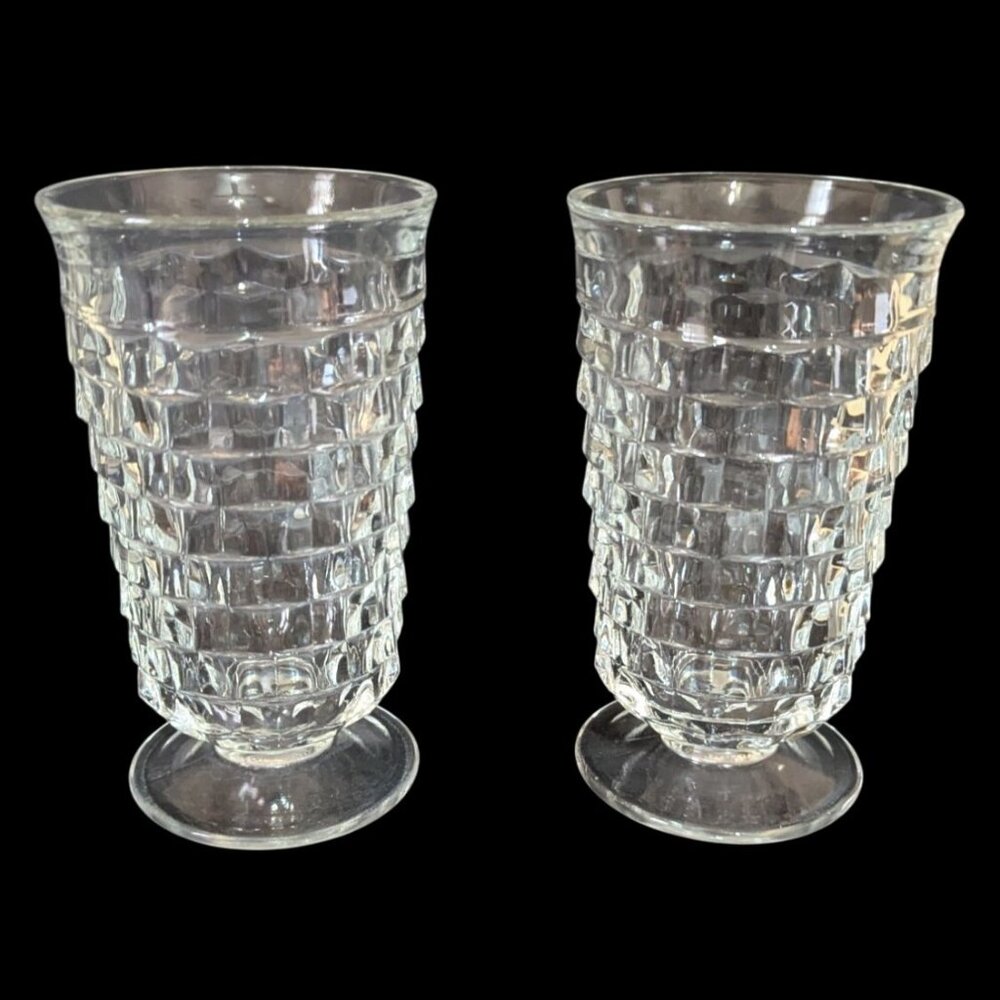 Vintage Colony Whitehall Clear Glass Footed Tumblers Pair‎ 6" Ribbed Textured